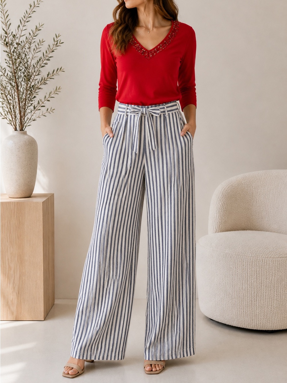Sanctuary Norstrom  Linen Pants Striped  pocketsWide Leg Relaxed Black White 26